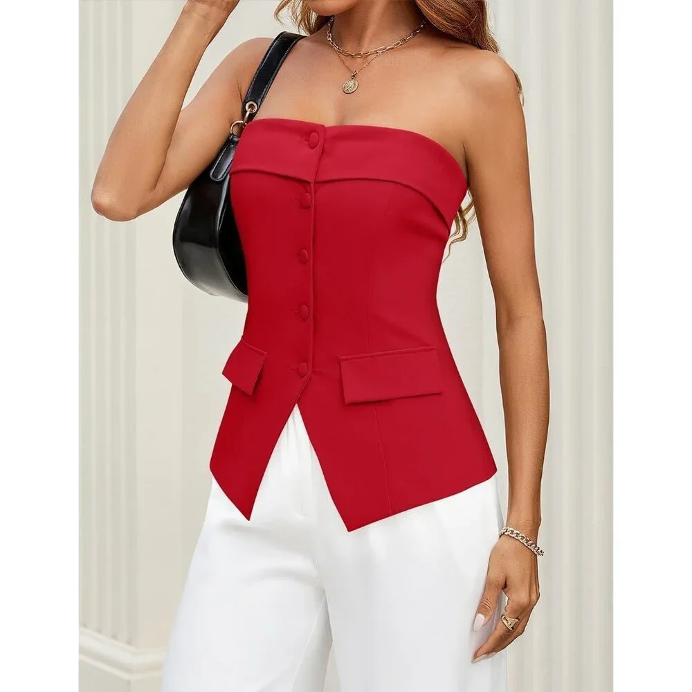 Women's Red Summer Going Out Sleeveless Button Down Dressy Tube Vest Tops